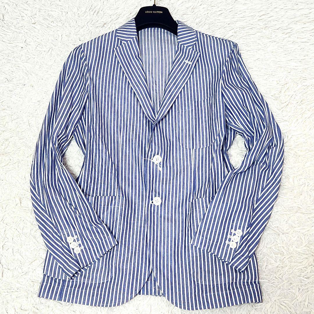 ✨未使用級✨メーカーズシャツ鎌倉❣️サマージャケット　L　青　ストライプ　薄手