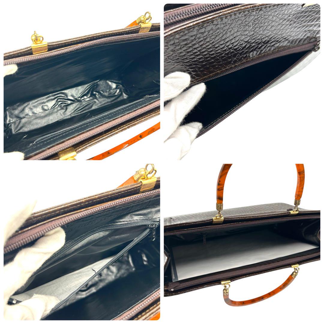 美品 1531 クロコ型押し ハンドバッグ 鼈甲ハンドル レザー 濃茶