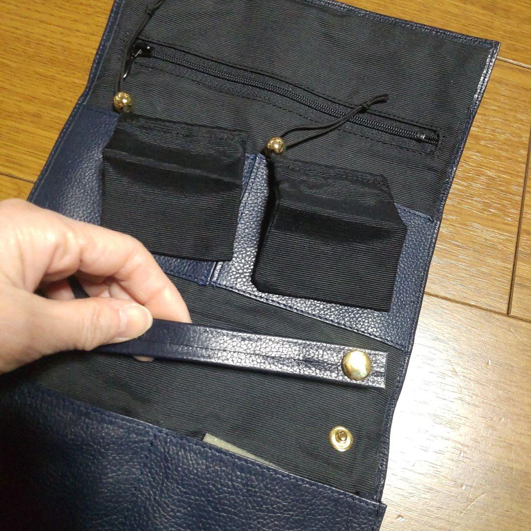 お値下 非売品 高級牛革 ネイビー レザー 三つ折りアクセサリー