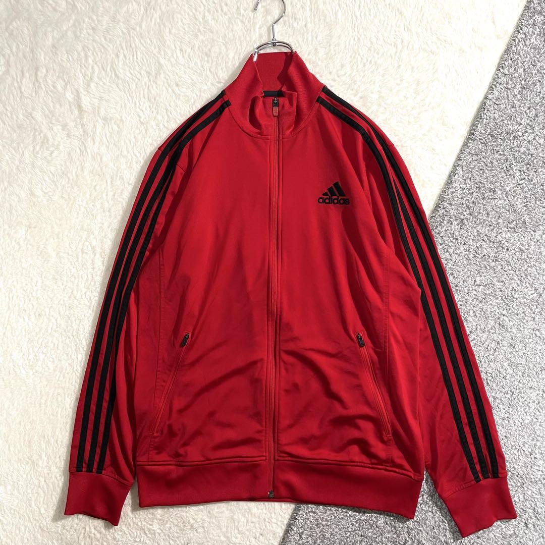 adidas トラックジャケット ロゴ刺繍 3ライン レッド サイズO