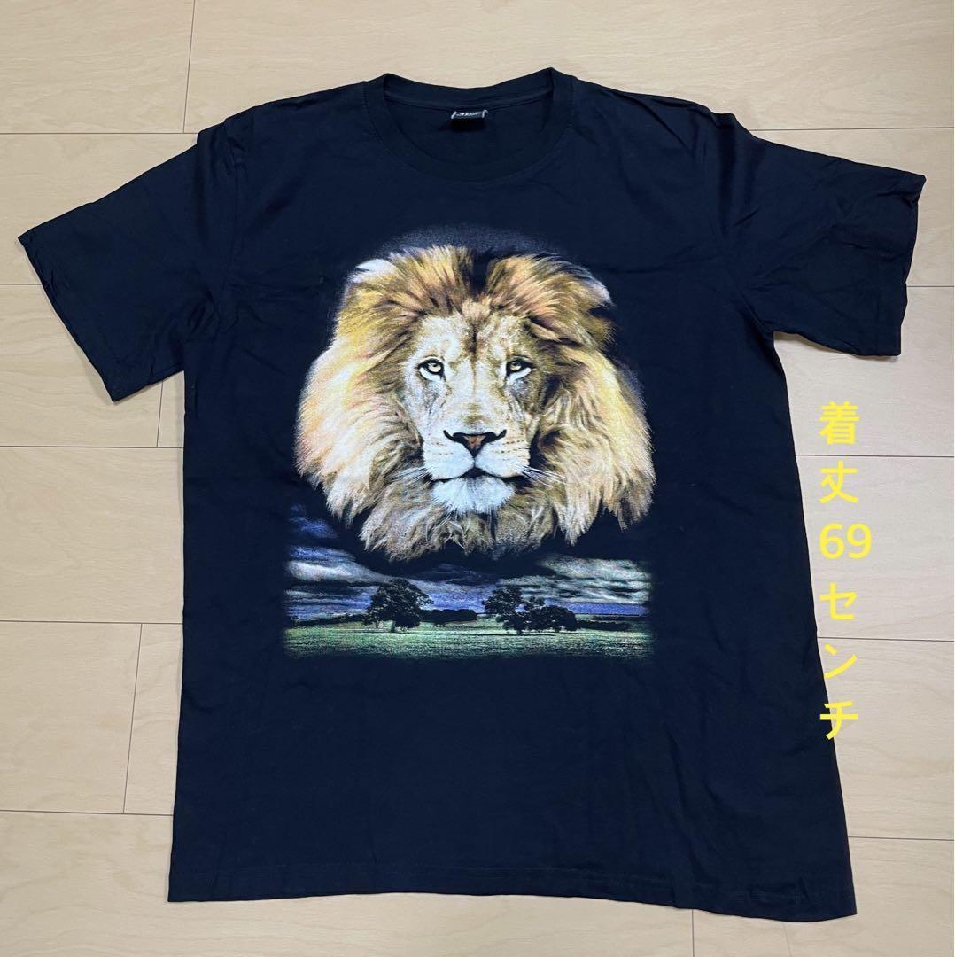 Tシャツ　黒　ブラック　ライオン　おもしろ　古着