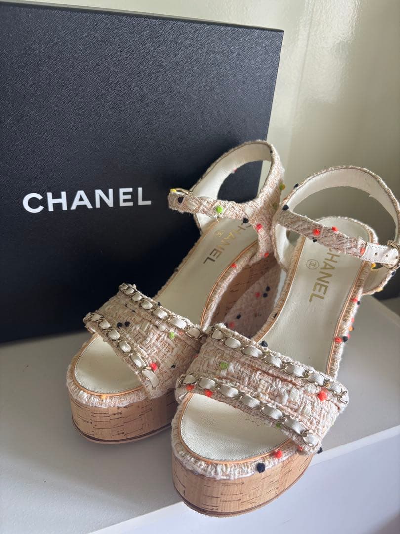 CHANEL ツイードサンダル カラフルポンポン24.5cm CHANEL