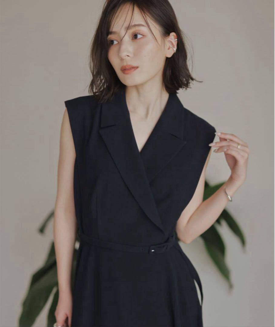 anuans ネイビー ダブルサテンテーラードフレアワンピース　XS