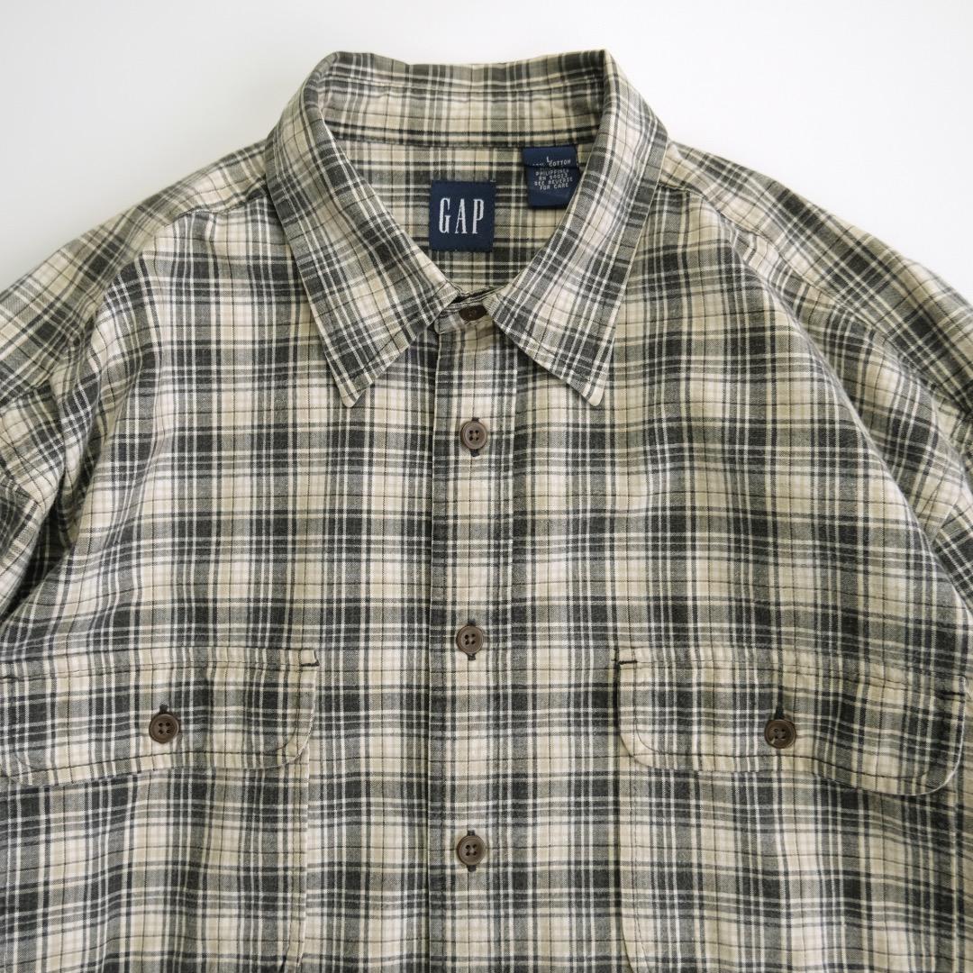 白タグ 00s old gap ベージュ ストライプ ノーカラー 長袖シャツ