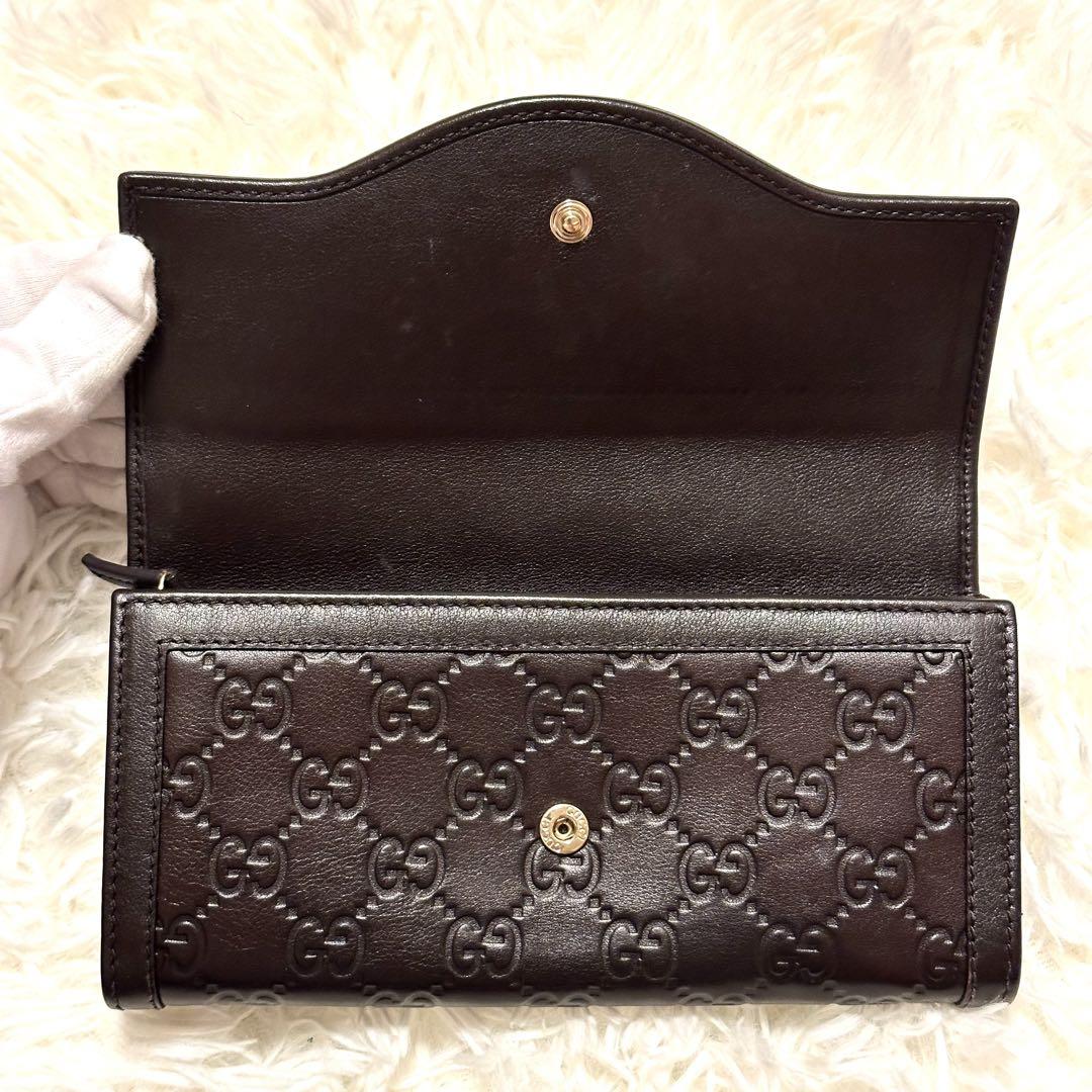 グッチ 二つ折り長財布 フラップ シマレザー GG インターロッキング ブラウン GUCCI インターロッキング シマ 長財布 レザー 二つ折り ダーク