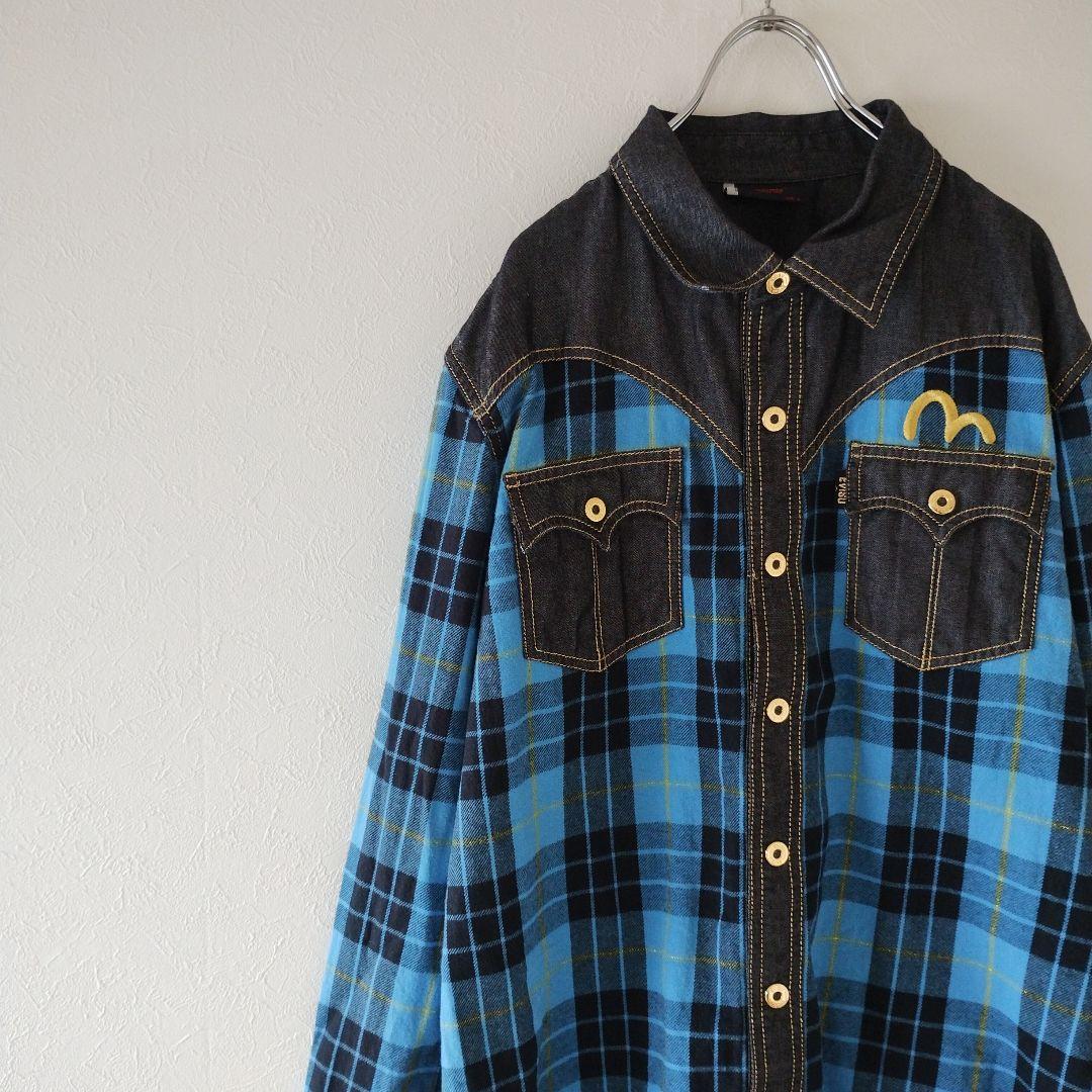 0511 EVISU デニムシャツ チェック 刺繍ロゴ