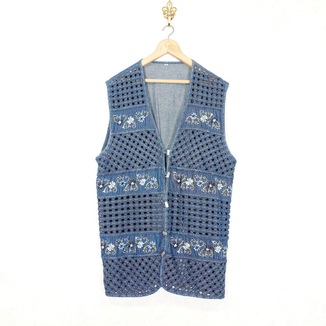 USA VINTAGE アメリカ古着メッシュデザインデニムベスト USA VINTAGE/アメリカ古着お花刺繍メッシュデザインデニムべスト