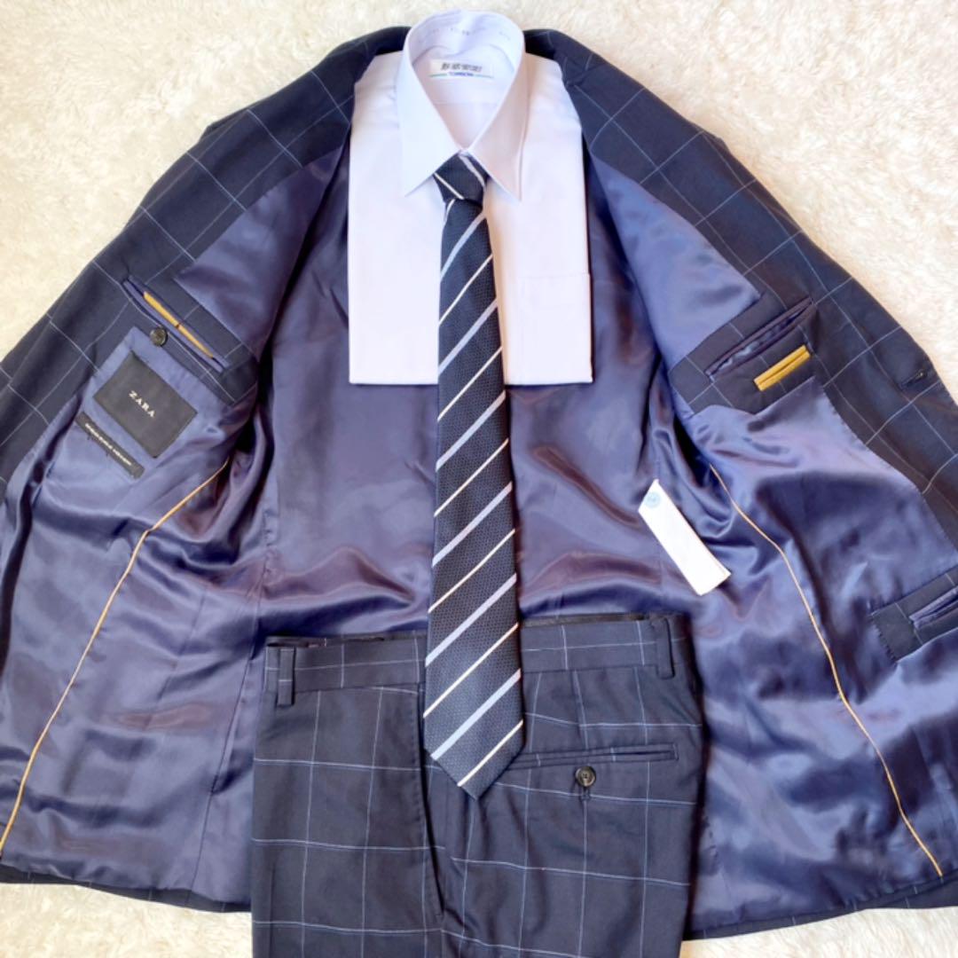 ますようよ 極美品♡ZARA 2B ウィンドウペン 濃紺 M UeD4s-m76645894531 スーツ セットアップ シングル ボタン