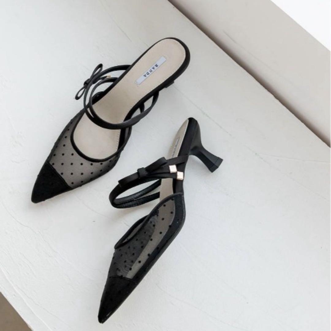 ✨完売品✨ RANDA ランダ シアーリボンミュールパンプス ドット 黒 M