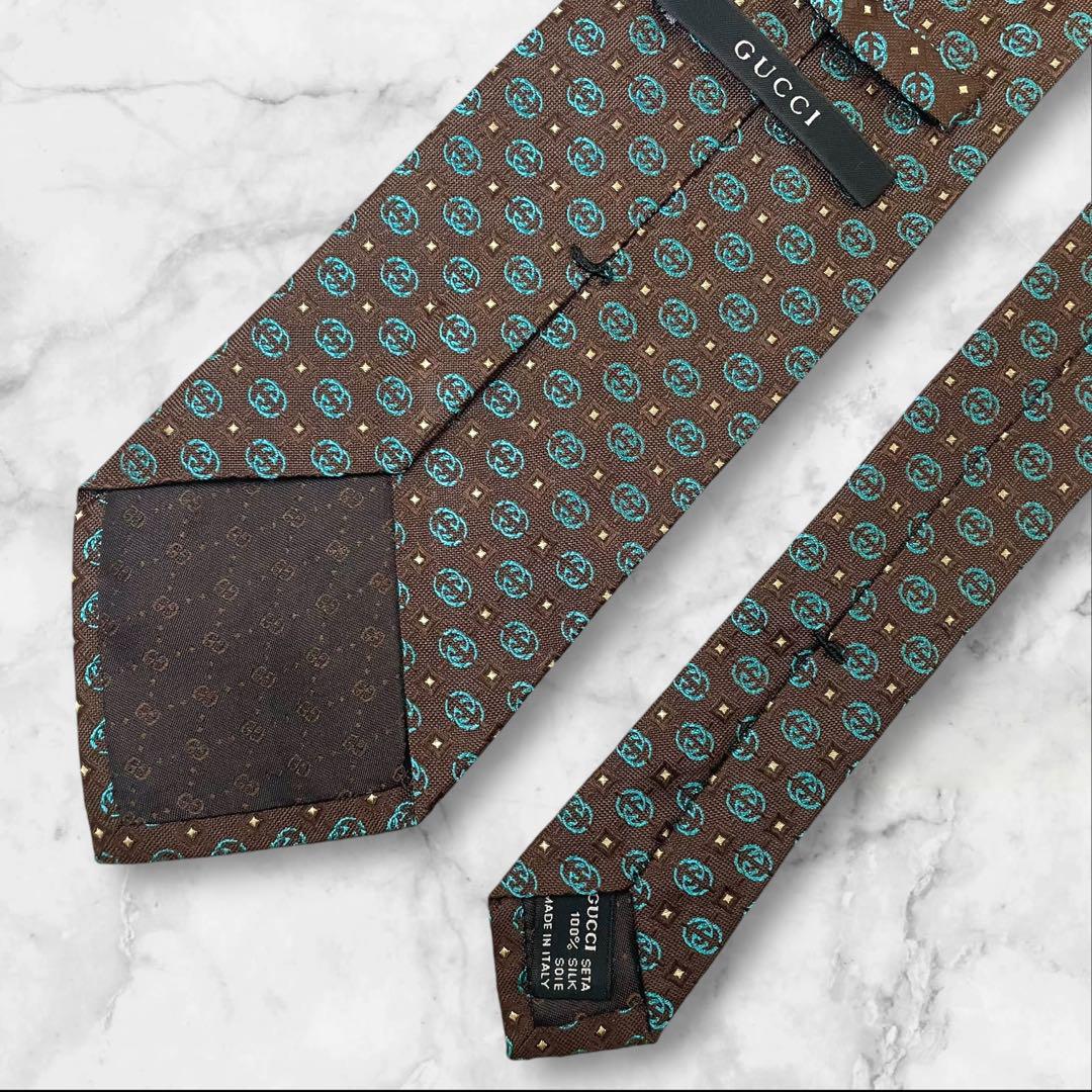 【極美品】GUCCIグッチ　インターロッキング　ブラウン　シルクネクタイ