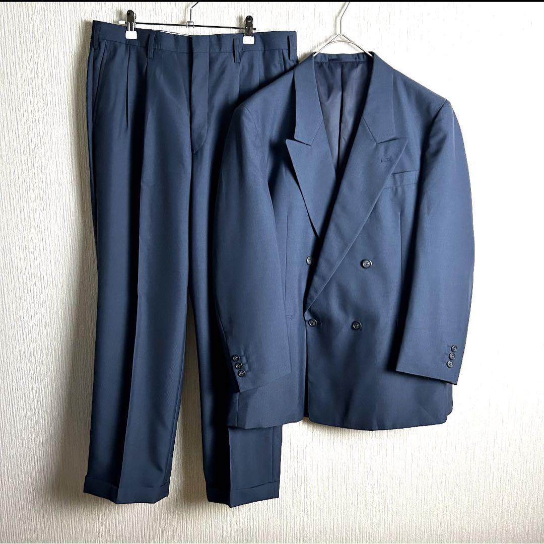 【セットアップ　日本製　ワントーン　ダブル　シンプル　青　古着】
