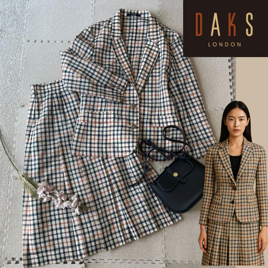 【DAKS】英国チェックの上品　スカートスーツ　セットアップ　リネン素材　7号