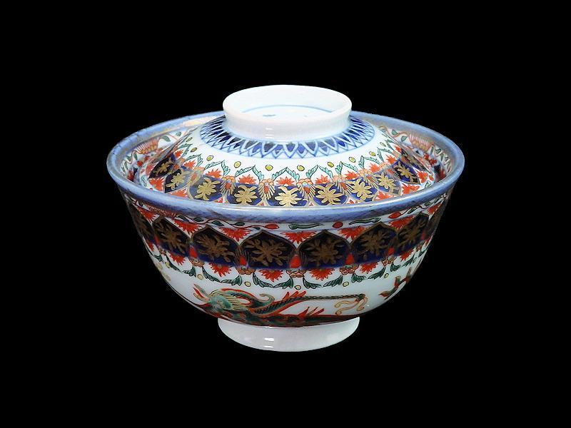 人気新品 瓔珞紋に龍の図 金襴手 古伊万里 大振蓋茶碗 D821AS-CIt 文政6年 工芸品