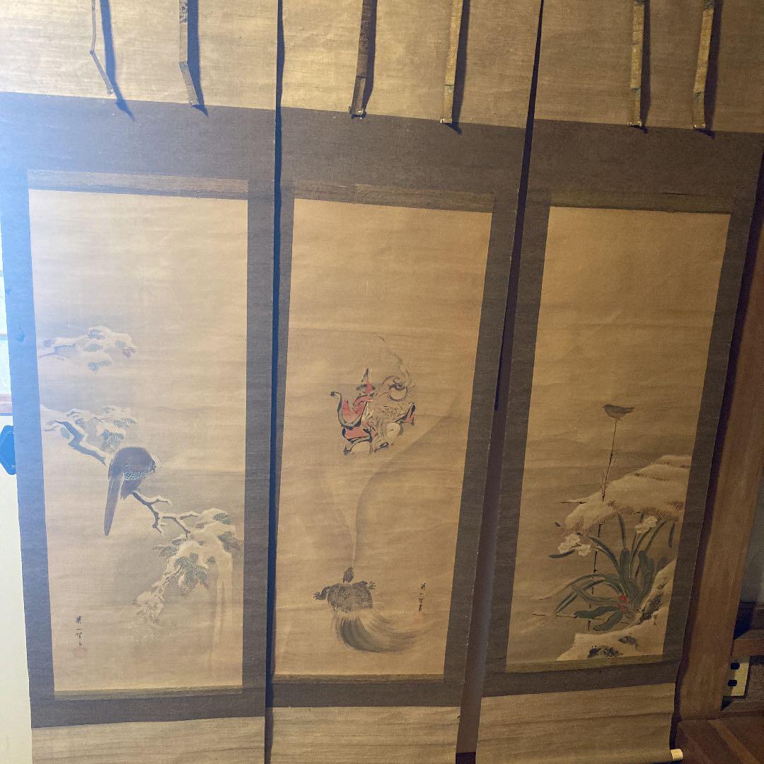 英一蝶翁筆　花鳥画　掛軸　３本セット