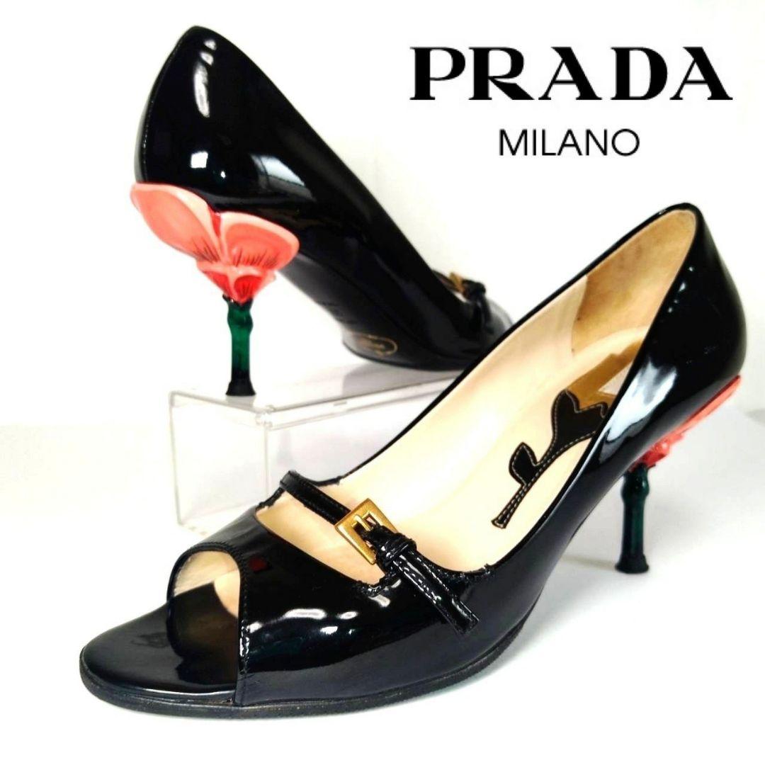 高級！PRADA プラダ フラワーヒール エナメル オープントゥ パンプス