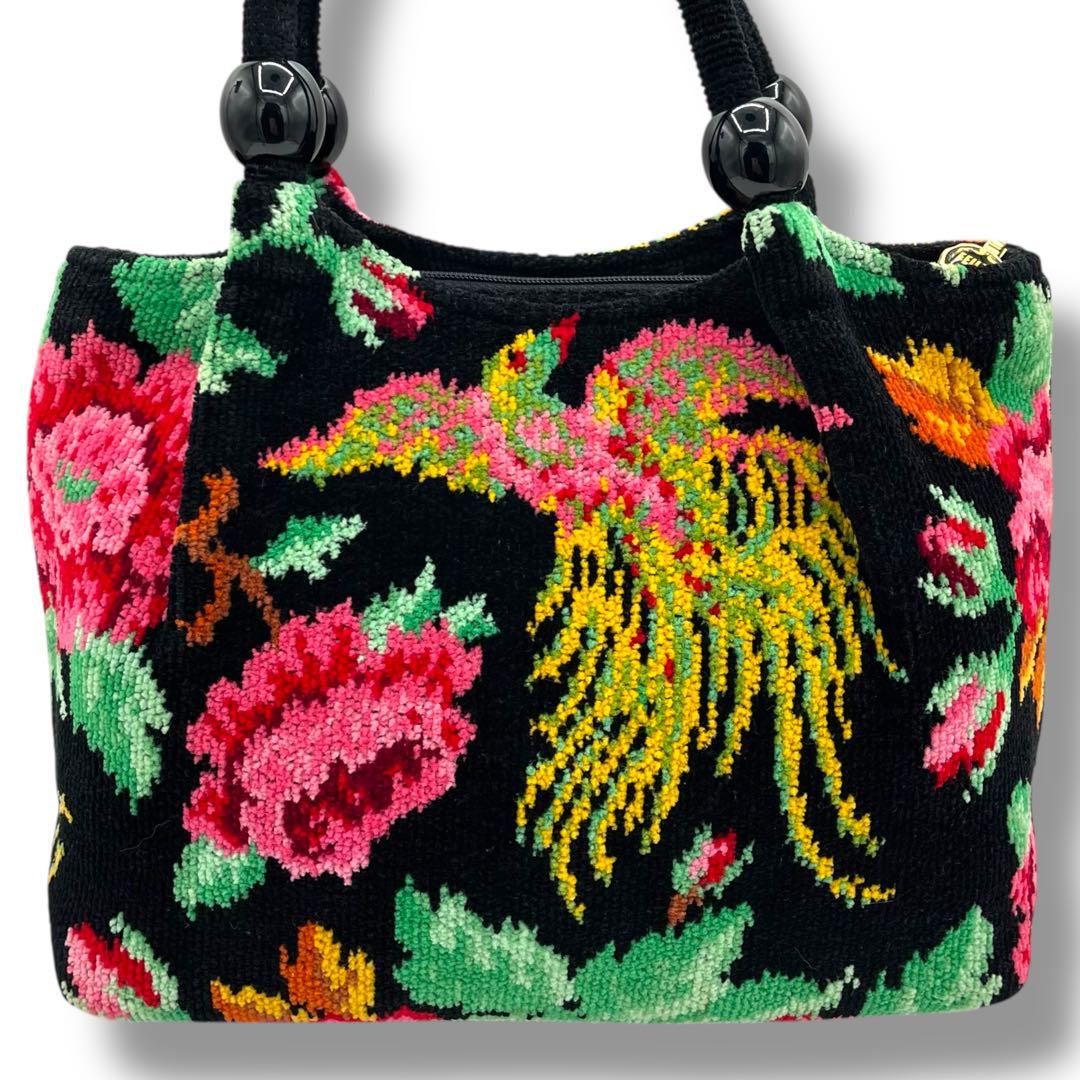 美品！【FEILER】フェイラー ハンドバッグ ブラック 花柄 シュニール織 ✨美品✨ FEILER フェイラー ハンドバッグ 花柄 シュニール織 黒