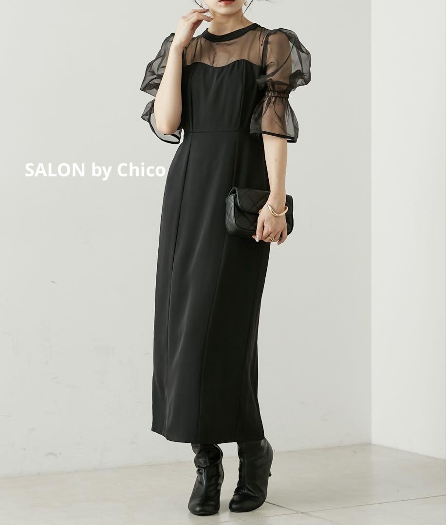 SALON by Chico 配色シアーマーメイドタイトワンピース 黒