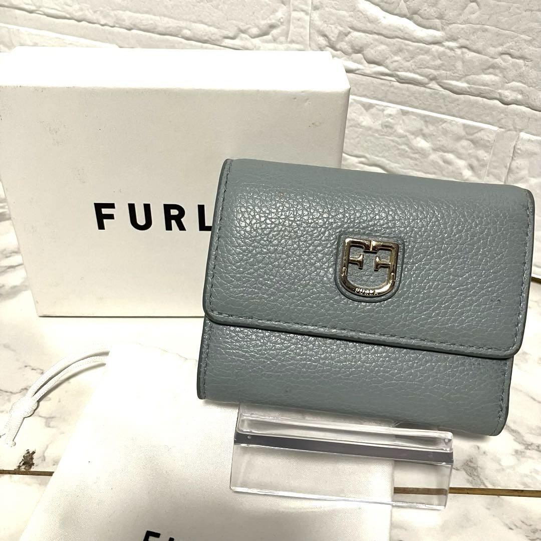 箱あり】FURLA フルラ グレー レザー 三つ折り財布 くすみブルー