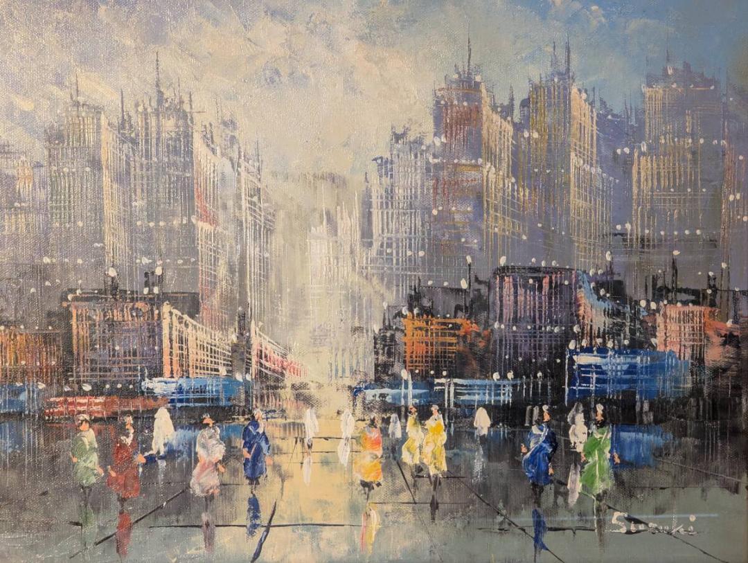 真作】絵画 油彩 風景画 厚塗りのタッチで描く都市の息吹 街角の