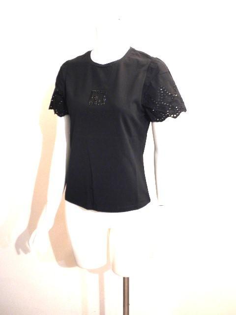 お薦め”ガウディ◆可愛いレース袖＆ビジューロゴ！黒コットンストレッチＴシャツ！M
