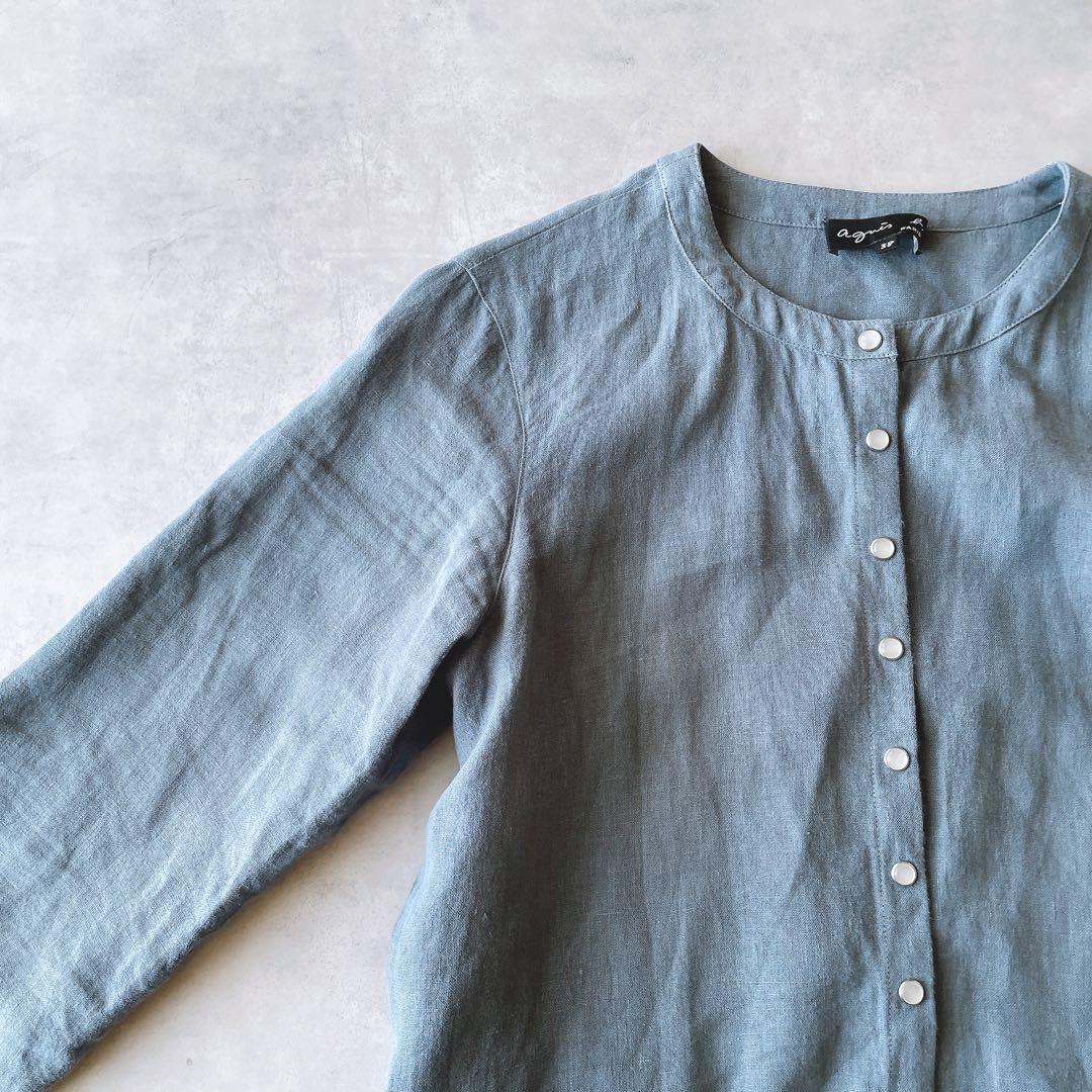 【美品】agnes b. リネン100% カーディガンプレッション 羽織り 38