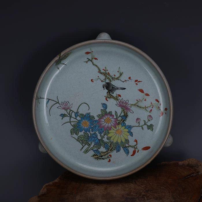 宋代汝窯天青釉加彩花鳥文三足洗 景徳鎮 陶磁器 装飾品 現代工芸