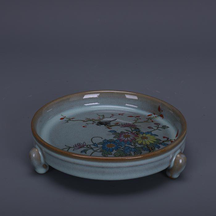 宋代汝窯天青釉加彩花鳥文三足洗 景徳鎮 陶磁器 装飾品 現代工芸