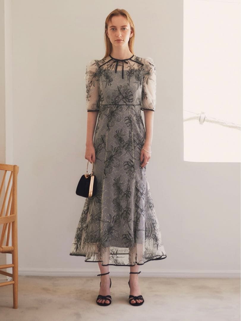 花柄リボンパフスリーブマーメイドワンピースドレス結婚式二次会パーティー成人式