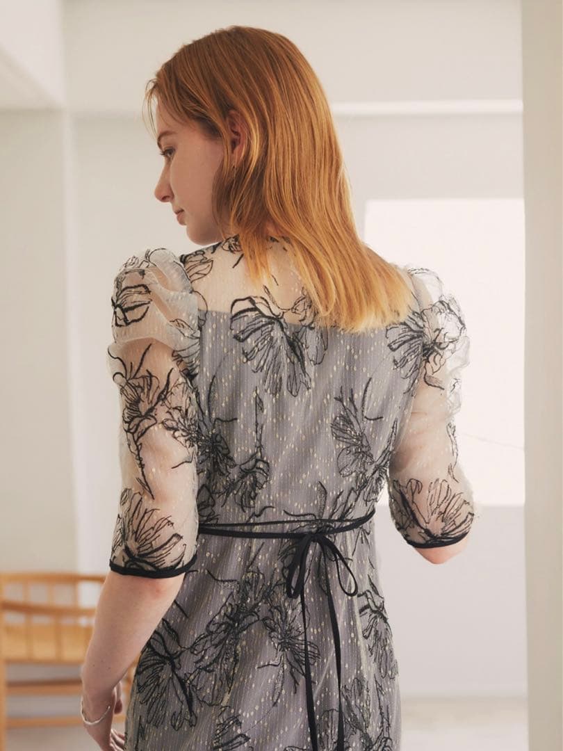 花柄リボンパフスリーブマーメイドワンピースドレス結婚式二次会パーティー成人式