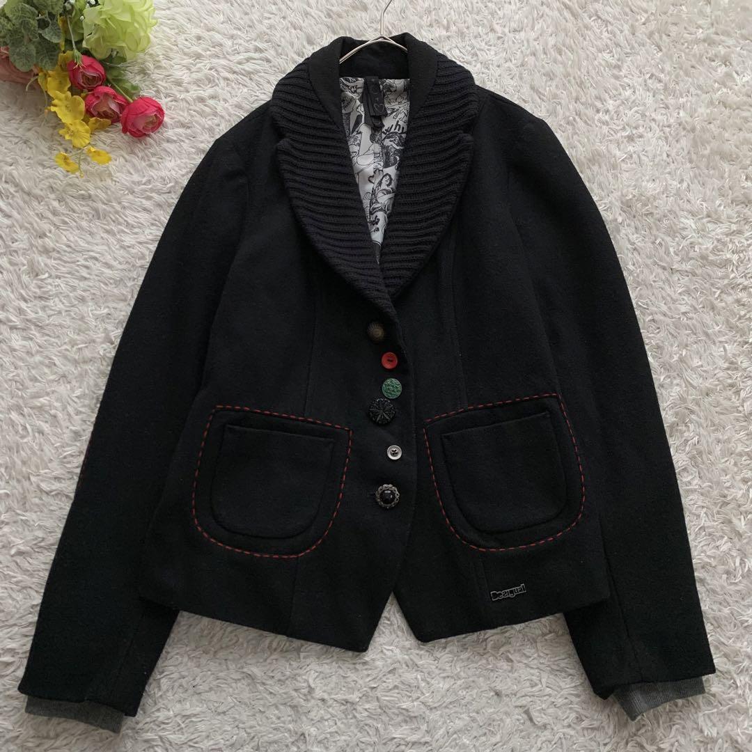 デシグアル テーラードジャケット 裏地総柄 刺繍 ニット エルボーパッチ 羽織り