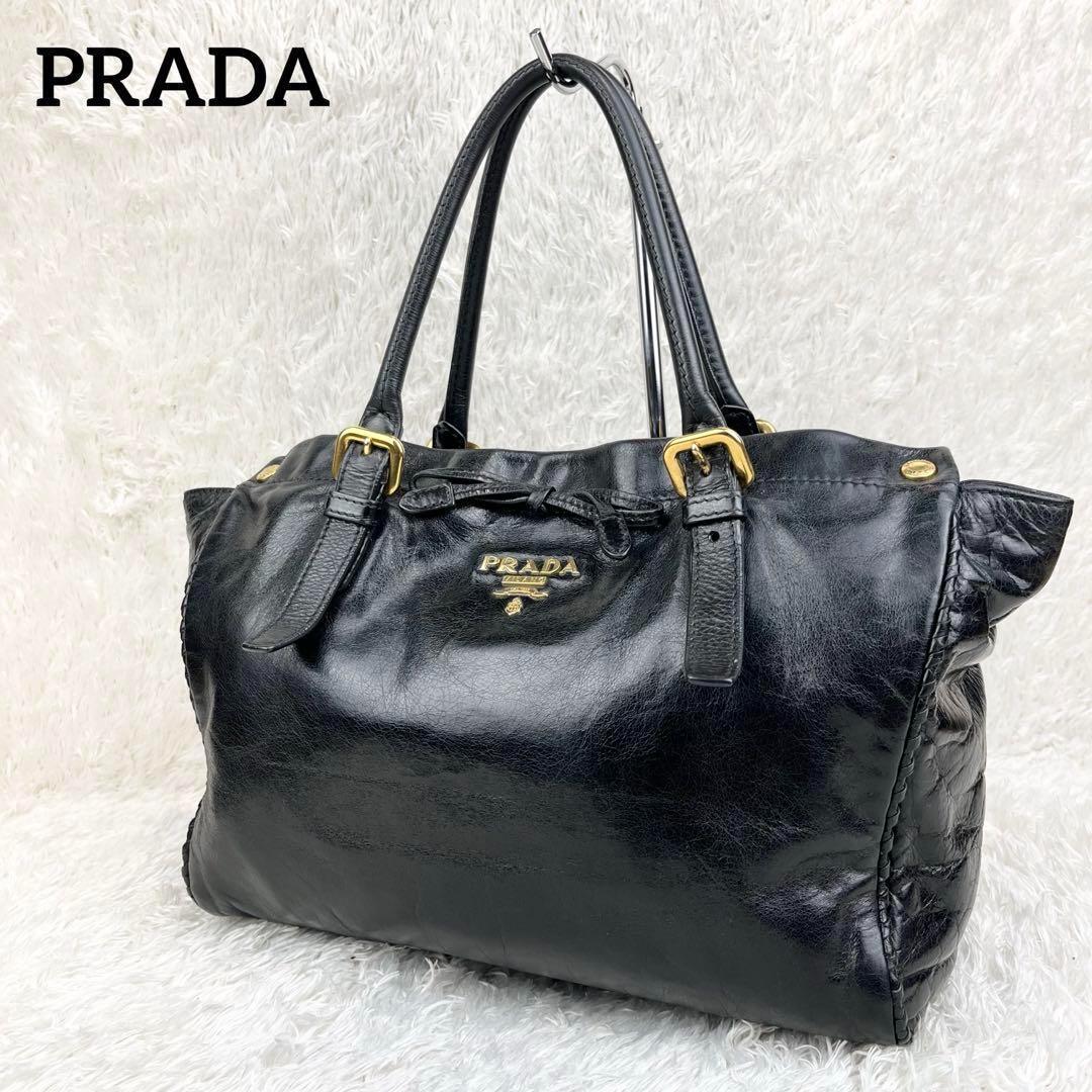【美品】プラダ ヴィッテロ シャイン ハンドバッグ 肩掛け可能 リボン ロゴ金具