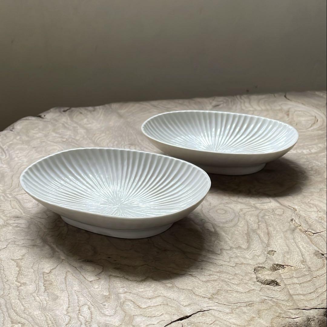 【新品 未使用品】久野靖史 しのぎ楕円皿 白 2枚セット