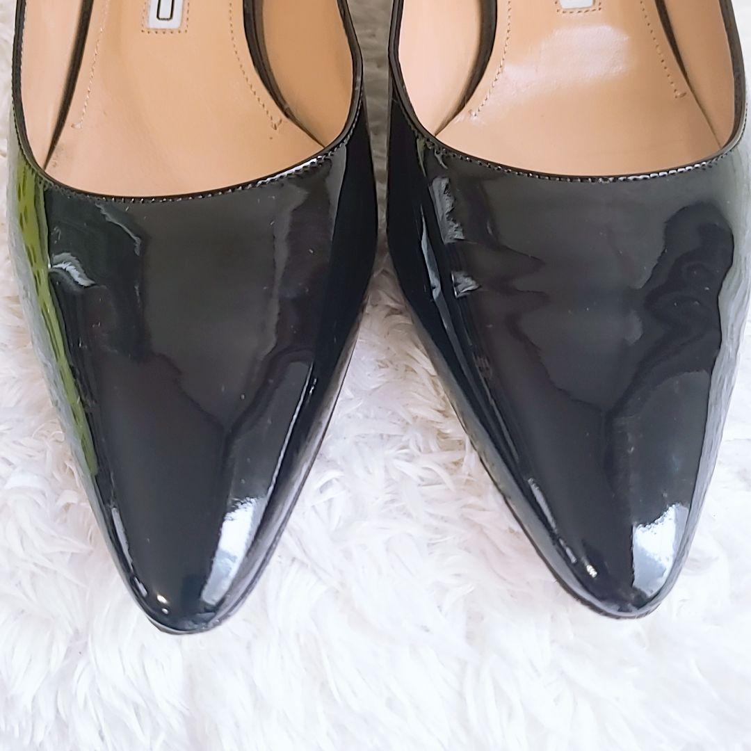 美品 ペリーコ 黒 エナメル パンプス ヒールパイソン型押 ポインテッドトゥ