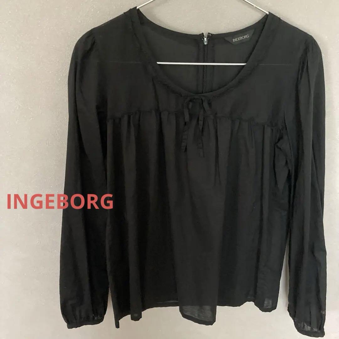 INGEBORG 長袖ブラウス リボン レース 袖ロゴ 黒