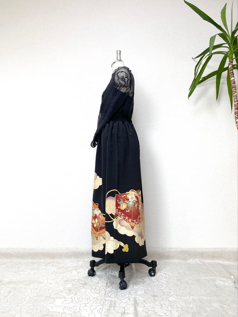 セレブ着物スカートフリーサイズ黒留袖着物リメイクロングスカート5816