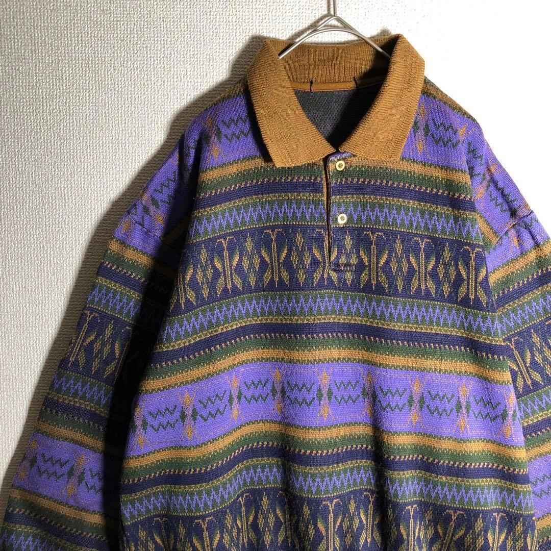 N-2754 古着 総柄 ネイティブ柄 モヘア混 ニット カーディガン L 春夏 トゥモローランド スタンドカラー サマーニット