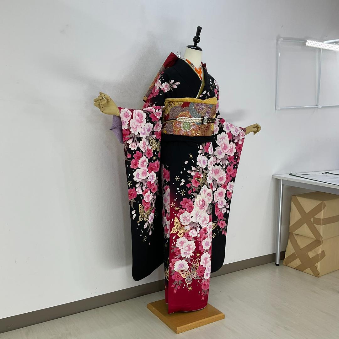 まとめ買いでお得 お振袖フルセット 7点セット 黒 L～LLサイズ 正絹 美品 成人式 着物・浴衣