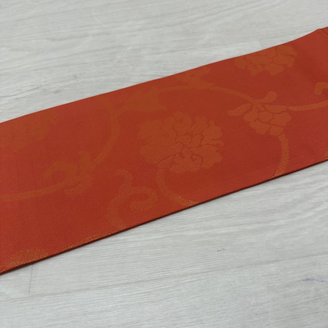 名古屋帯 花唐草 鮮やかなオレンジ 九寸 正絹 着物 RO-3968