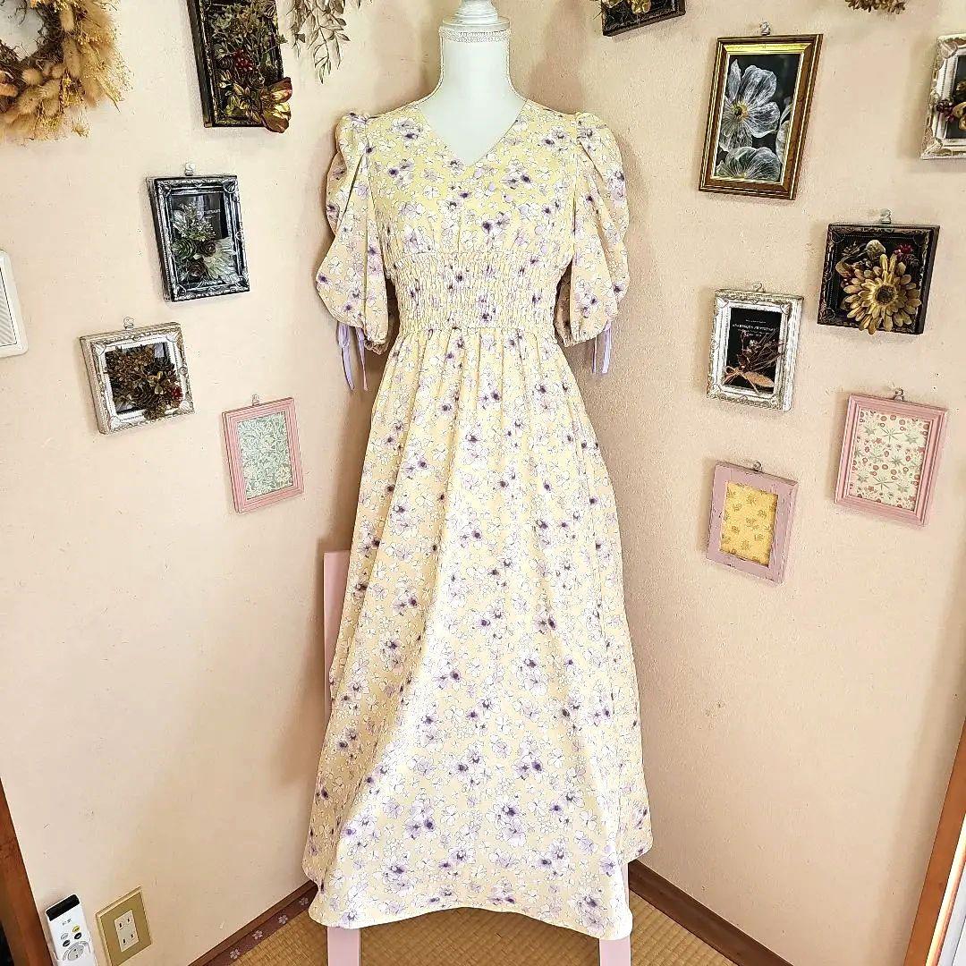 フラワープリント パフスリーブ ロングワンピース