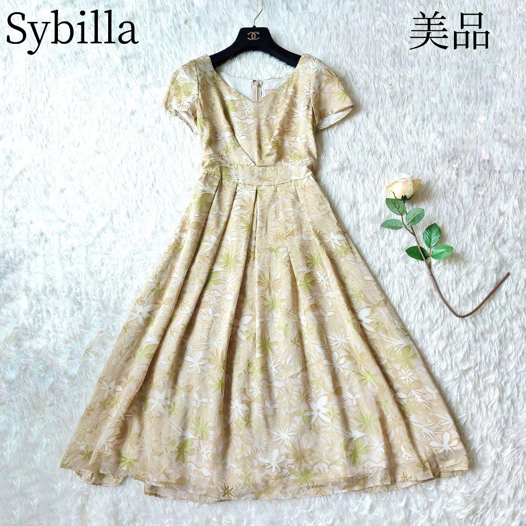 美品✨シビラ ロングワンピース ボタニカル シフォン フレア タック M 日本製