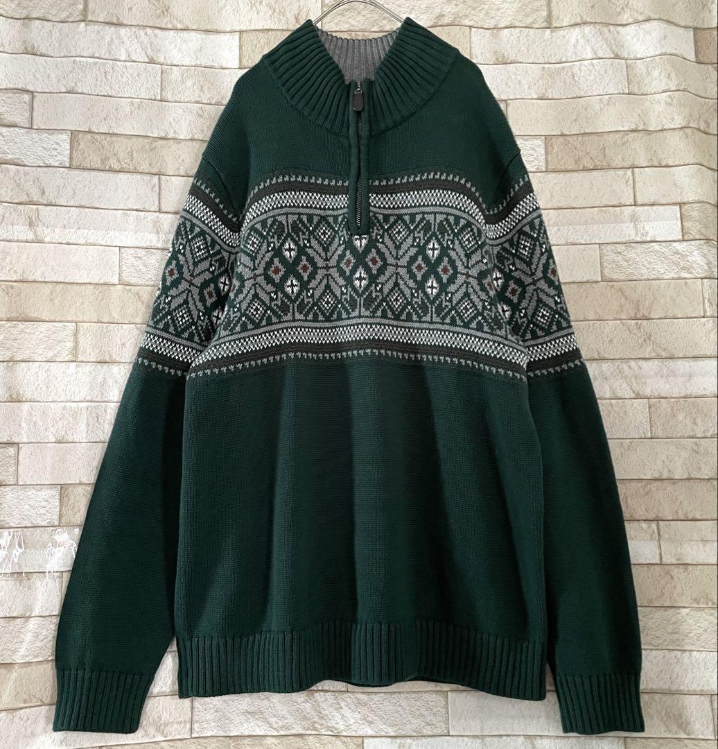 エルエルビーン ハーフジップ ニットフェアアイル柄 グリーン M