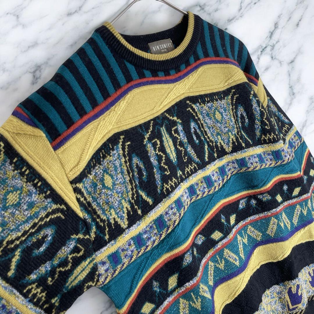 【ビンテージ ニット レトロ 総柄 ベージュ 黒 刺繍】 【ビンテージ ニット レトロ 総柄 ベージュ 黒 刺繍】