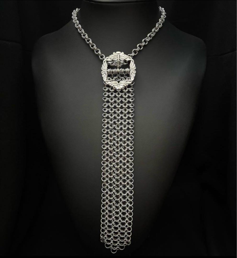 chainmail silver buckle tie necklace