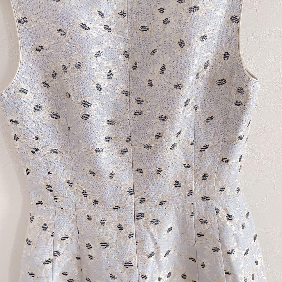 ルネ　ノースリーブワンピース　タイト　花柄　シルク　高級生地　ブルー　上品