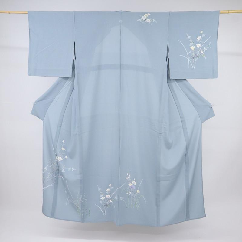 《夏着物『絽ちりめん』付下げ◆野の花草◆背紋有■藍鼠◆正絹着物◆HA4-18》