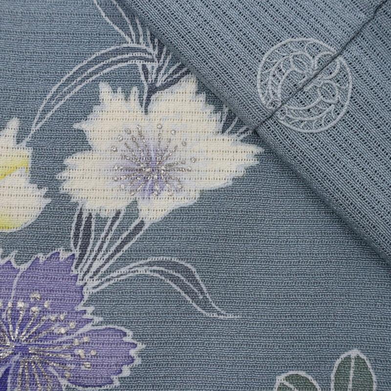 《夏着物『絽ちりめん』付下げ◆野の花草◆背紋有■藍鼠◆正絹着物◆HA4-18》