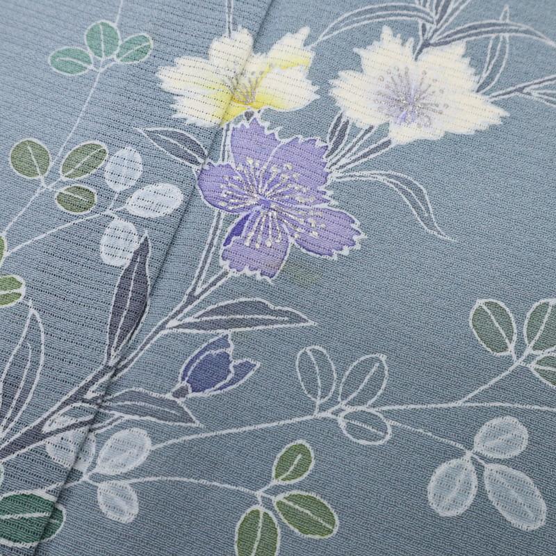 《夏着物『絽ちりめん』付下げ◆野の花草◆背紋有■藍鼠◆正絹着物◆HA4-18》
