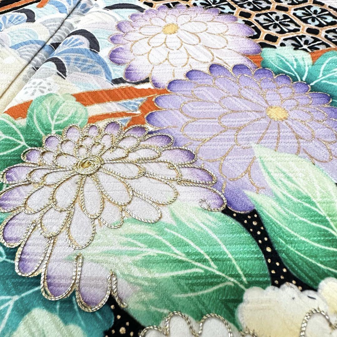 振袖 絞りに金駒刺繍 御所車に花模様 着物 正絹 袷 広衿 RK-4002 振袖 花模様の染めに絞り金彩 金駒刺繍 着物 正絹 袷 広衿 RK