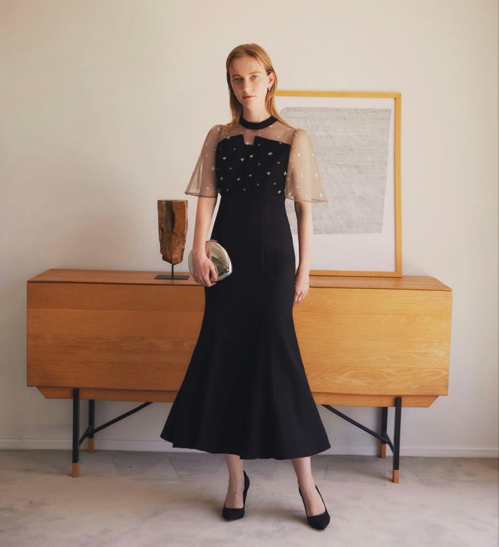 LEJA 花柄スパンコールチュールオーバーラップマーメイドワンピースドレスS Leja