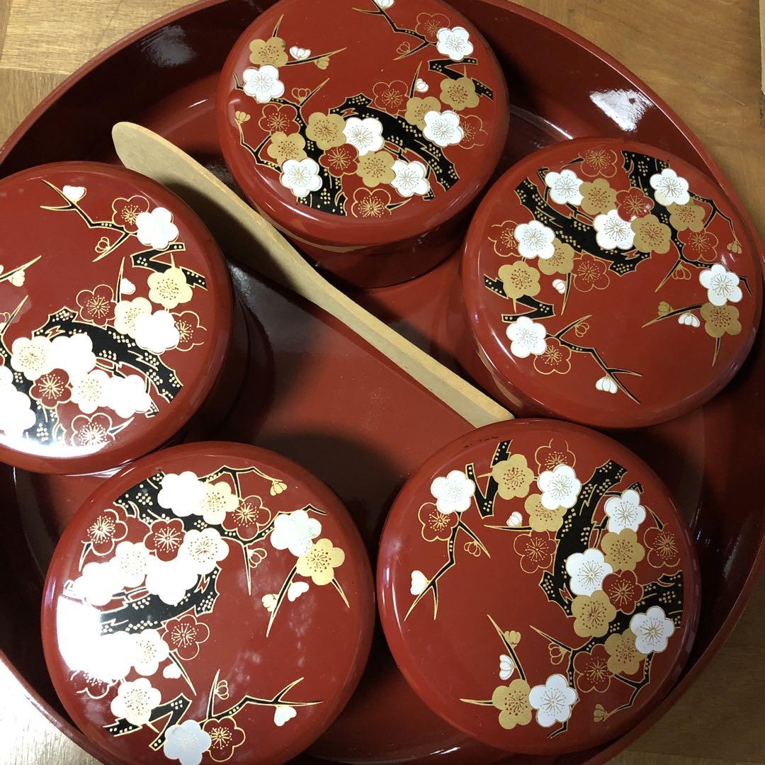 漆器 花柄容器・寿司桶・しゃもじセット